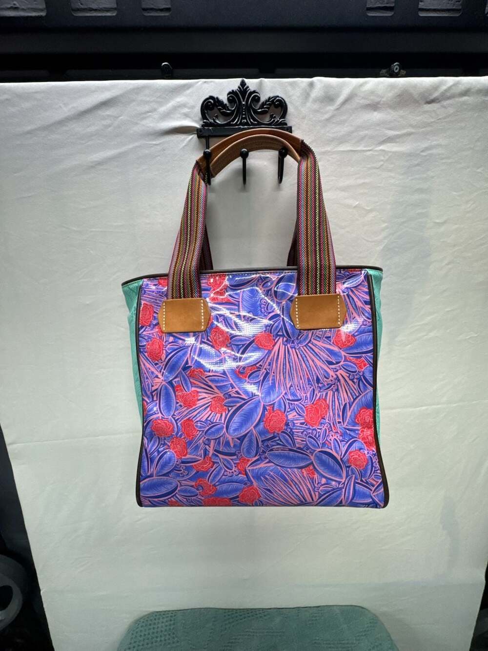 Consuela Classic Tote Bag with Floral Print and Teal Sides
